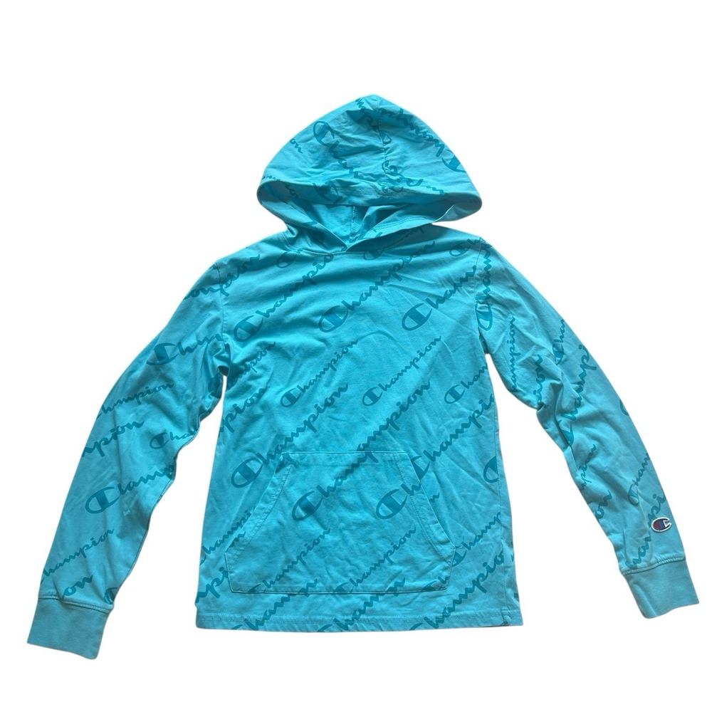 Champion Girls Size M Hoodie Allover Print Logo Blue Turquoise Pocket Hood